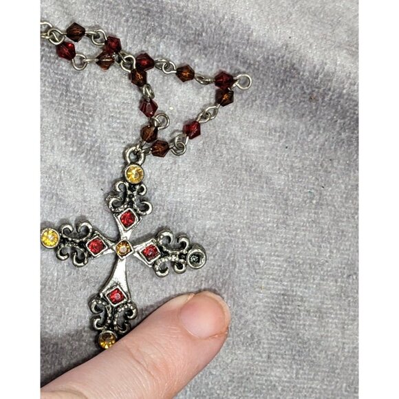 Gothic Medieval Red And Yellow Beaded Silver Tone Cross Necklace - Picture 4 of 6